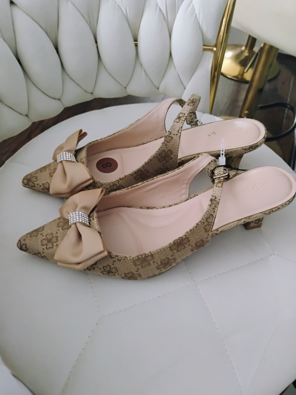 Wild Diva Beige Floral Jacquard Bow Slingback Mules